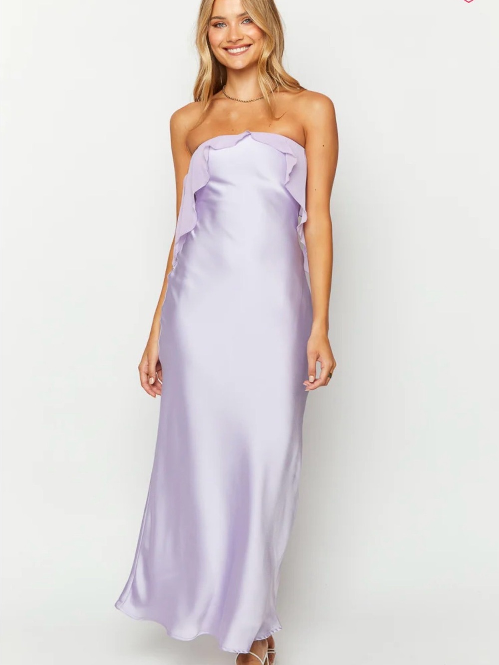 Beginning Boutique Lavender Strapless Satin Ruffle Maxi Dress